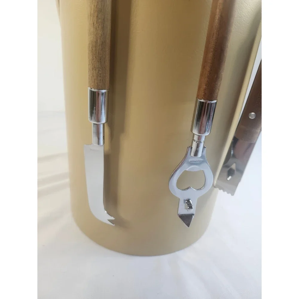 Vintage Mid Century Modern Ice Bucket Tan Vinyl Wood Handle Bar Tools Set MCM
